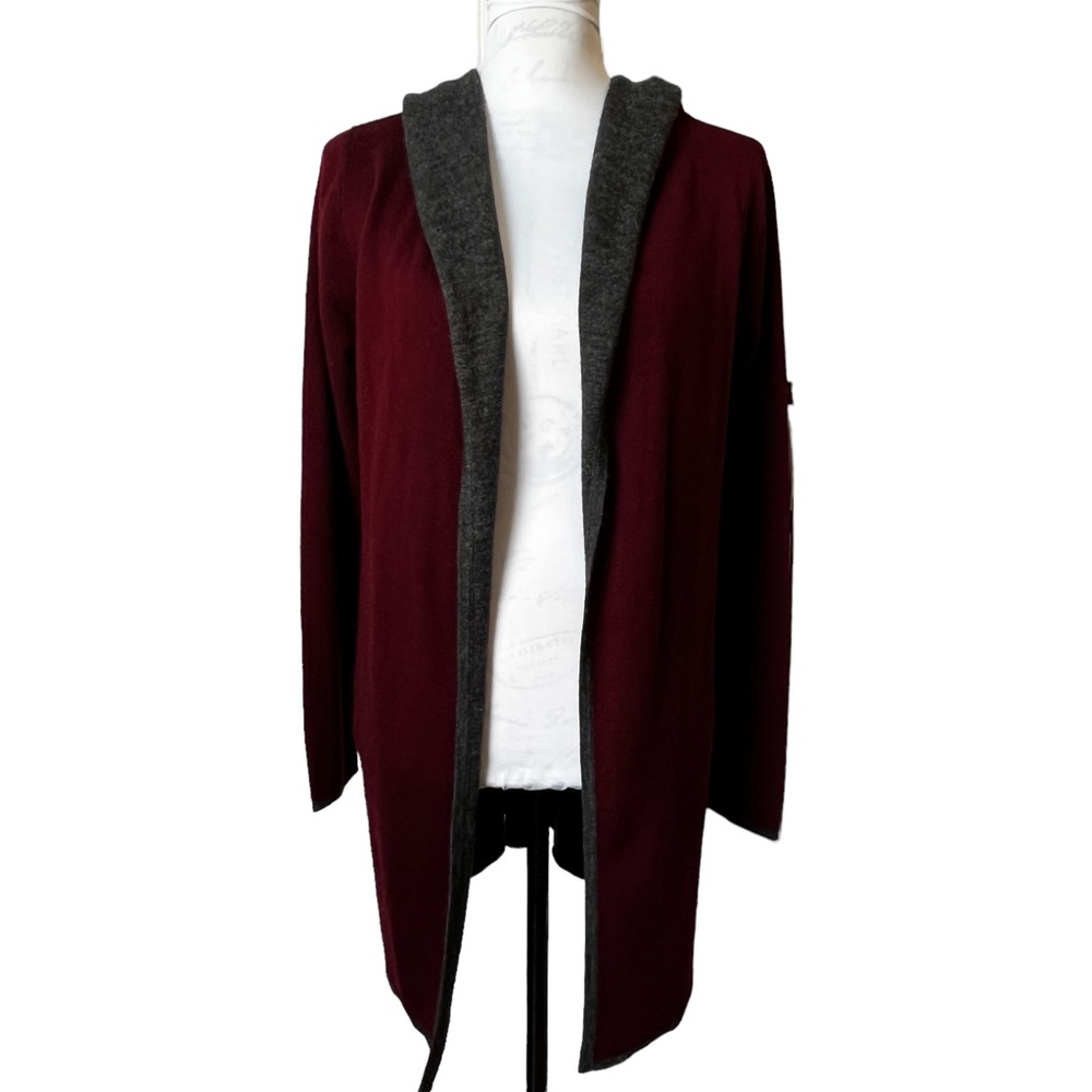 BNCI by Blanc Noir Burgundy Red Wool Blend Hooded Long Sleeve Long Line Cardigan